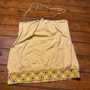 Fang Womens Mustard Yellow Floral Halter‎ Top Boho Beaded Neck Large Y2K
